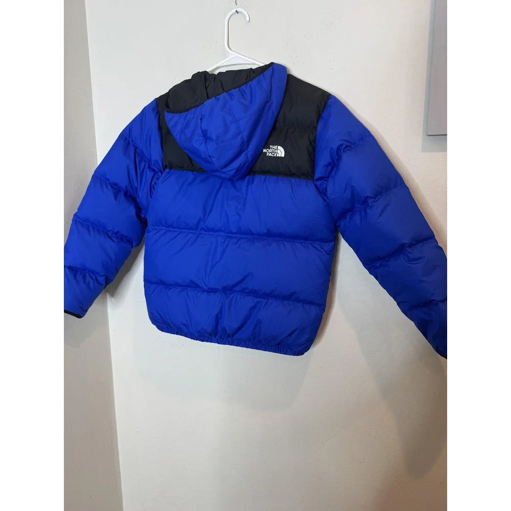 The North Face Jacket Boys Large 14/16 Blue Black 550 Down Hooded Puffer Coat